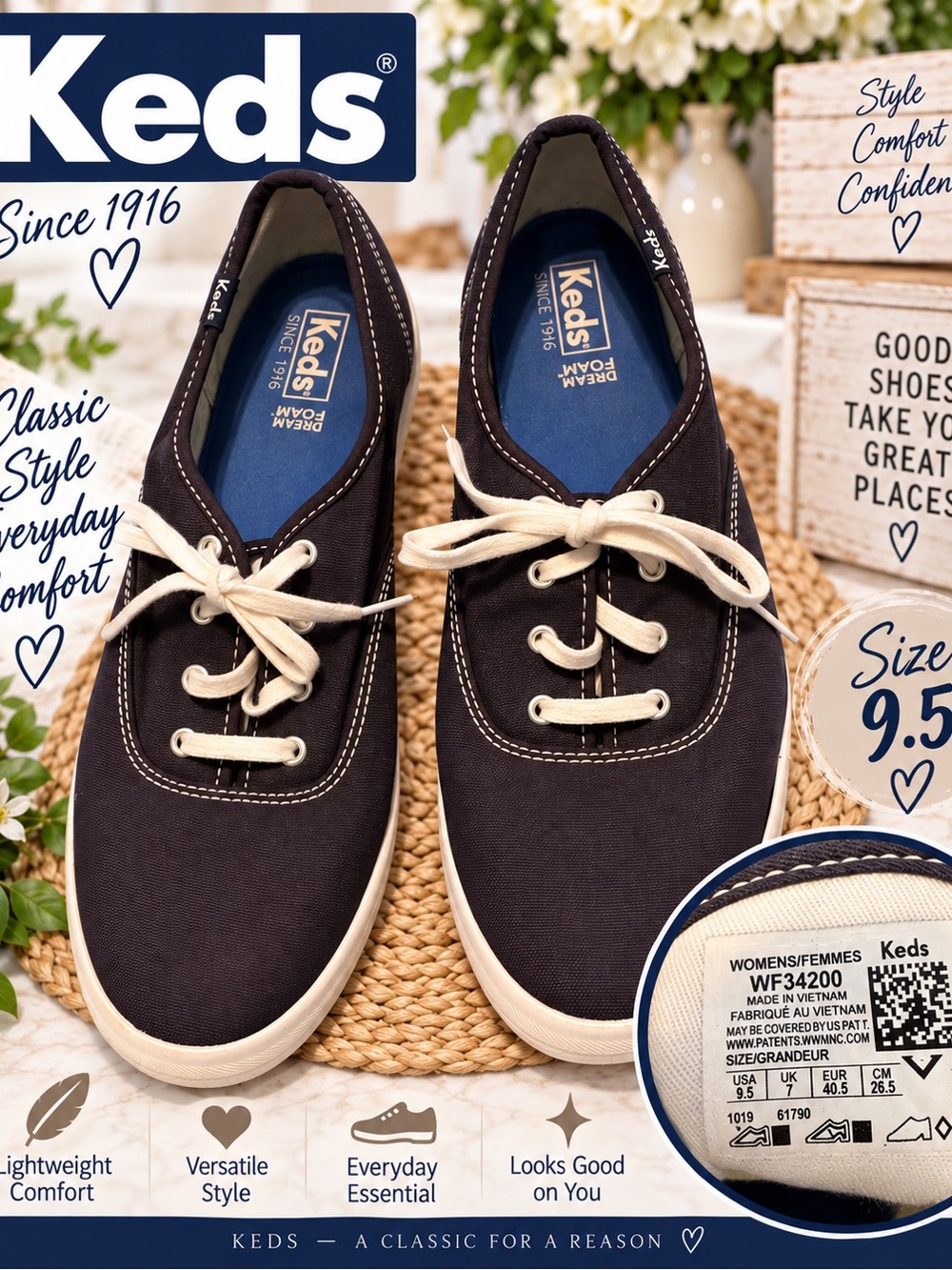 Keds Navy Blue Canvas Lace-Up Sneakers Size 9.5